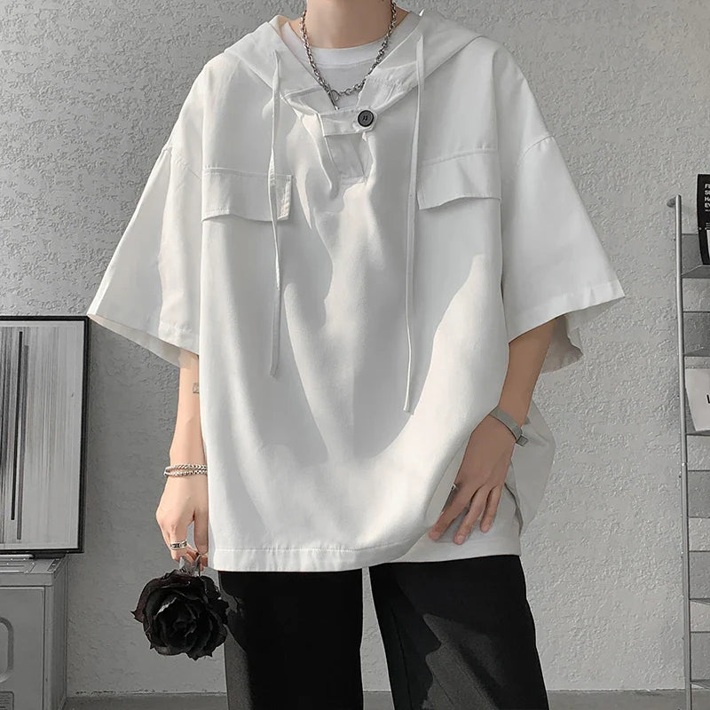 5 Colors Summer Hooded T shirt Men Korean Half Sleeve Pullover Streetwear Loose T-shirt Tops Drawstring Men Clothing 5XL-M