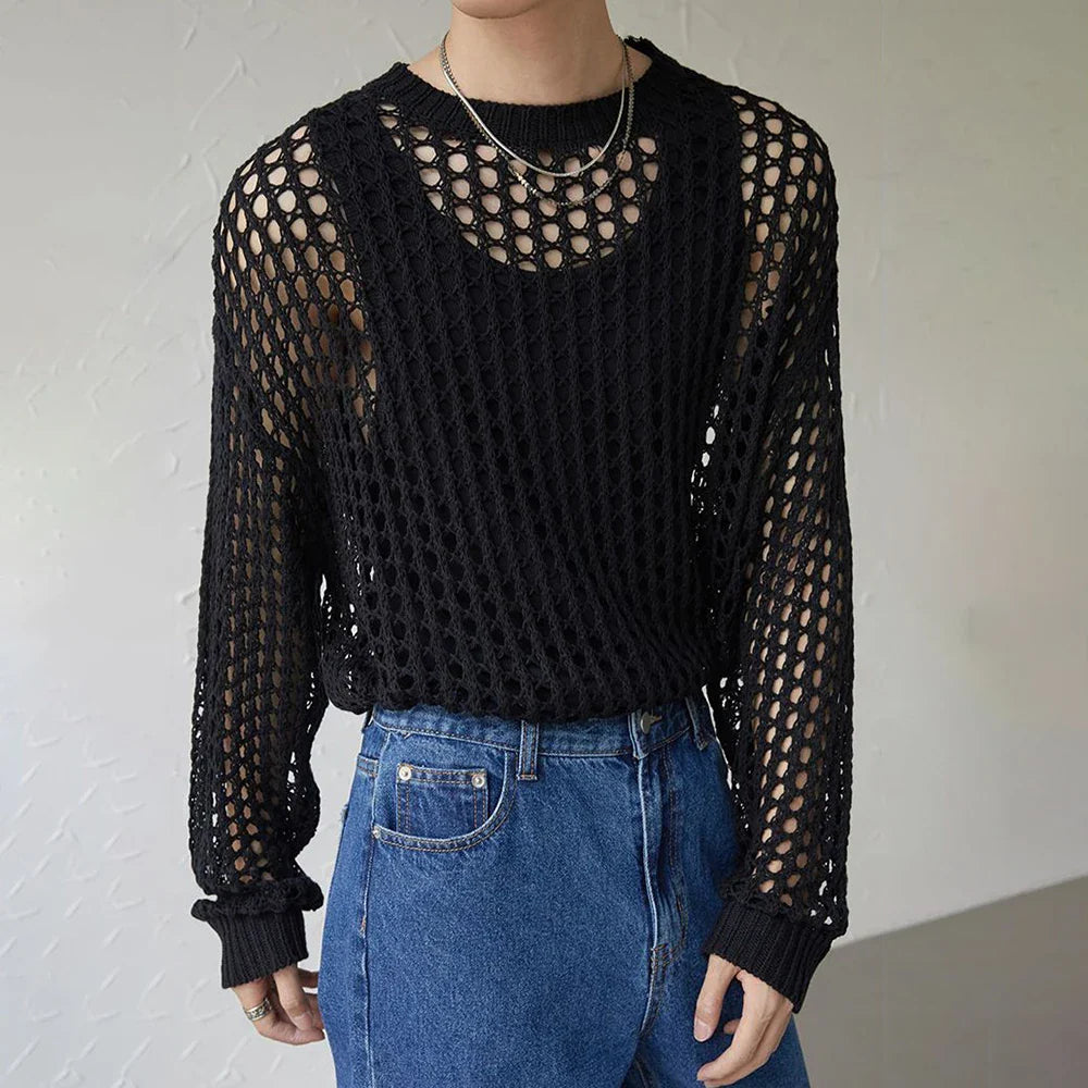 Mens Y2k Hollow Out Outfits See-Through Knit Shirts New Summer Fashion All-Match Casual Geometric Vintage Loose Smock Tops