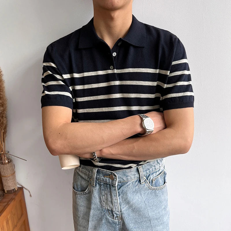Fashion Striped Mens Knit Polo Shirts Slim Fit Short Sleeve Buttoned Lapel Knitted Polos T Shirt For Men Summer Casual Knitwear