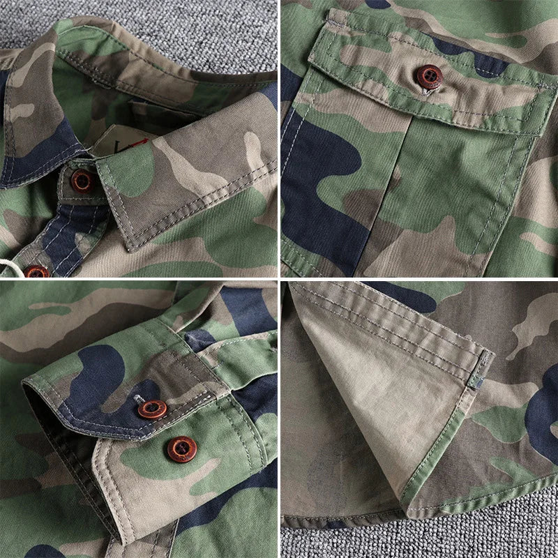 Spring Autumn New Men's Wash Camouflage American Tooling Long-Sleeved Shirt Double Pocket Everything Casual Military Youth