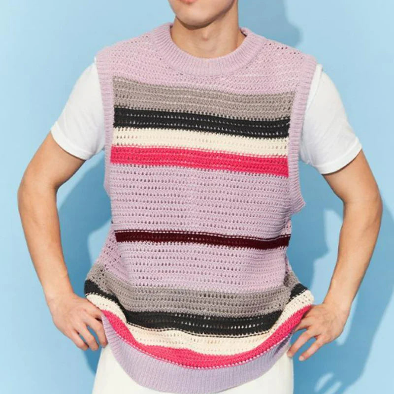 Men's Clothing Loose Pullovers Round Neck Simplicity Handsome Hollow Out Solid Color Patchwork Fashionable Casual Sweater