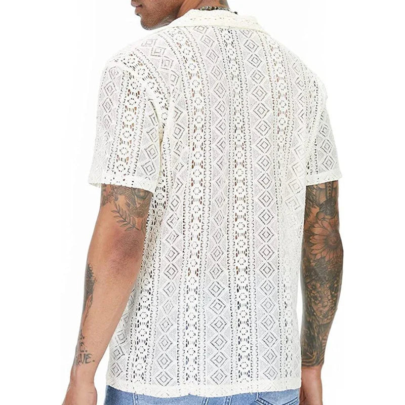 Men's Short-Sleeve Hollow-Out Lace Shirt Single Breasted Lapel Perspective Shirt Top