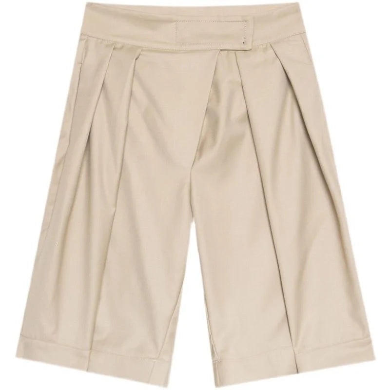 saferido New Niche Design Pasted High Waist Khaki Causal Wide Leg Shorts Summer Korean Trend Men's Knee Length Pants