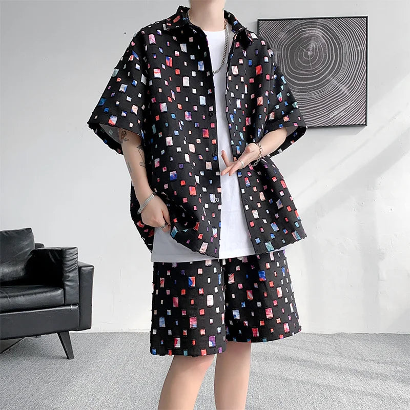 saferido Summer Plaid Sets Men Fashion Oversized Short Sleeved Shirt/Shorts Two-piece Men Streetwear Loose Hollow Out Set Mens Short Sets