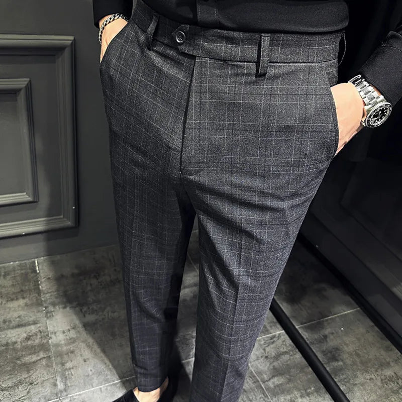 saferido Men Slim British Style Suits Pants Business Casual Trousers Male Solid Fit Trousers High Quality Man Formal Wear Plaid 36 38