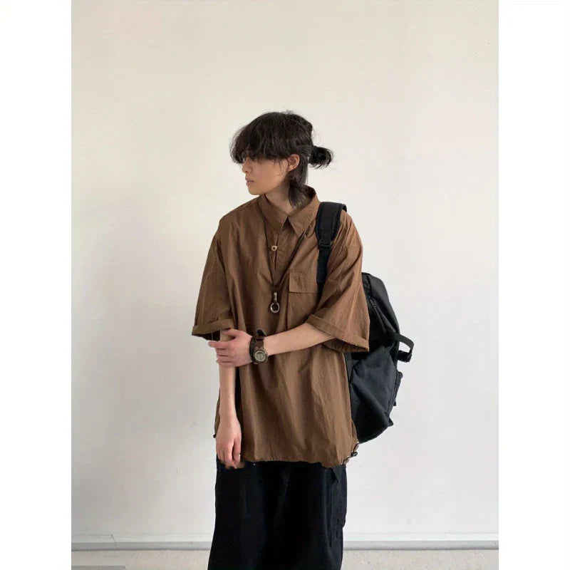 New Summer Japanese Mens Set Harajuku Mid Sleeved Trendy Shirt+ Wide-leg Cargo Pants 2-pcs Thin Casual College Male Suit
