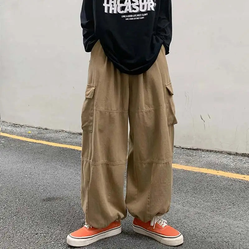 saferido Khaki Cargo Pants Men Elastic Waist Baggy Trousers Fashion Overalls Oversized Bottoms Summer Vintage Male Y2K Clothes Streetwear