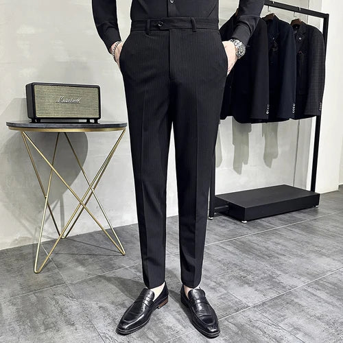 saferido Korean style Fashion Striped Suit Pants for Men Formal Business Dress Pants Korean Slim Fit Classic Casual Trousers 36 38