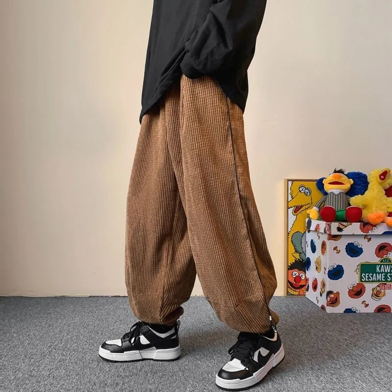 saferido Winter Japanese Retro Wide Leg Pants for Men Corduroy Haren Pants Oversized Casual Jogging Sweatpants Hip-hop Street Male