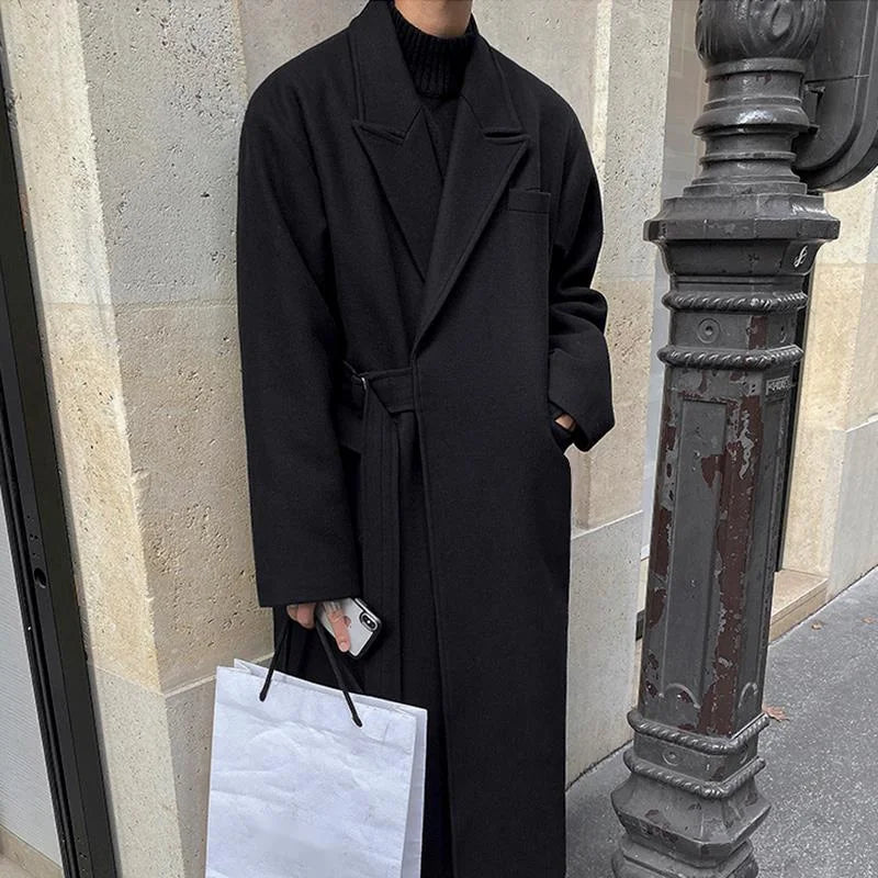 saferido Men's And Mixtures Coat Autumn Winter Mid Long Thickened Korean Trend Loose Overcoat Male New Bandage Waist