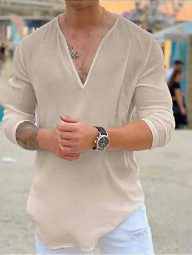 Spring Men's T-shirt V-neck Long Sleeve Sold Color Top Tee Fashion Casual Pullover T Shirt For Men Clothing New Streetwear