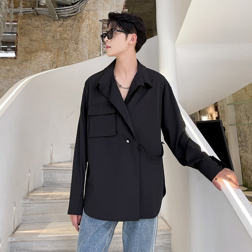 saferido       Solid Shirts Men Long Sleeve Fashion  Casual Loose Blouse Male Luxury Breathable Masculina Clothes Classic Button Tops A95