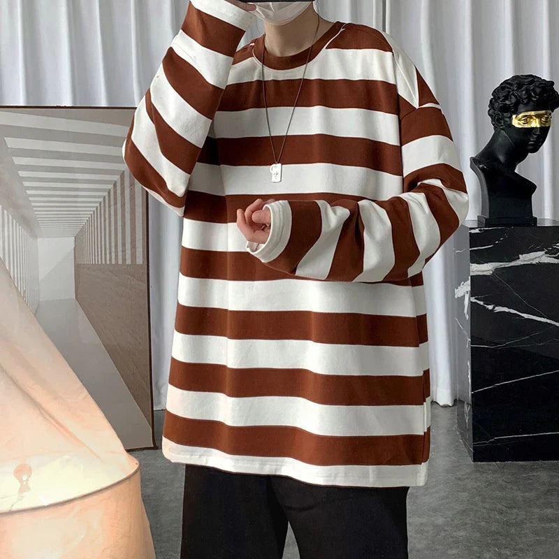 saferido Spring Mens Stripe Tops Tees Harajuku Long Sleeve T Shirts Casual High Quality Unisex Tshirt