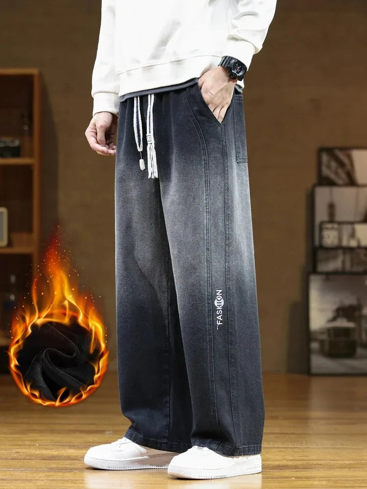 saferido Winter Men's Oversized Jeans Thicken Velvet Warm Denim Pants Wide-Leg Straight Thermal Fleece Baggy Jean Trousers