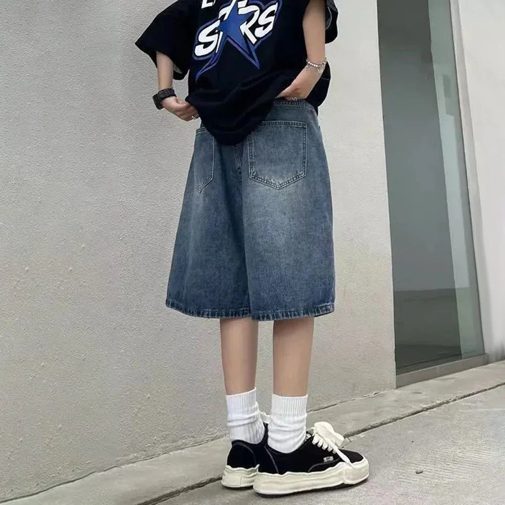 saferido Y2k Streetwear Sports Casual Jeans with Belt for Men Spring Summer New Genderless Fashion Loose Denim 5-point Pants Unisex
