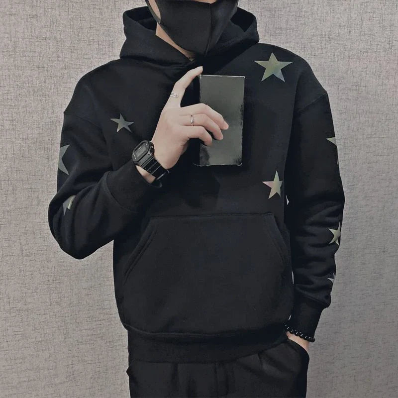 saferido Sweatshirt for Man Hooded Black Male Clothes Hoodies Star Sweat Shirt Emo Korean Style One Piece Novelty and Warm Loose