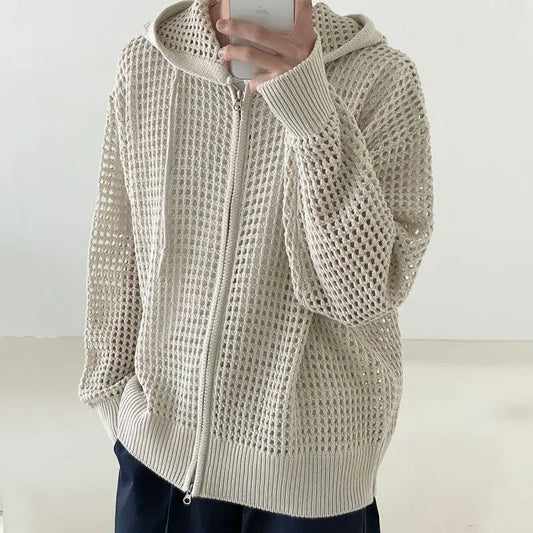 Autumn Niche Hollow Knitted Sweater Men Cardigan Hooded Zipper Long-sleeved Korean Style Trendy Design Sweater Men Cardigan Coat