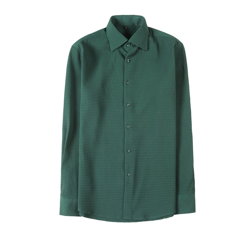 British Style Spring New Waffle Long Sleeve Shirts For Men Clothing Quality Slim Fit Drape Tuxedo Casual Chemise Homme Sale