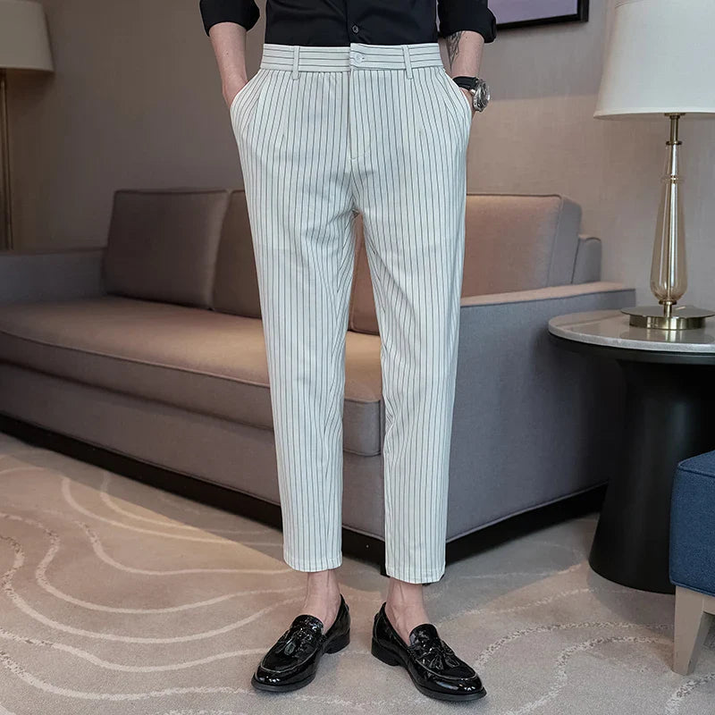 saferido British Style Men Business Stripe Dress Pants Men Belt Design Slim Trousers Formal Office Social Wedding Party Dress Suit Pant