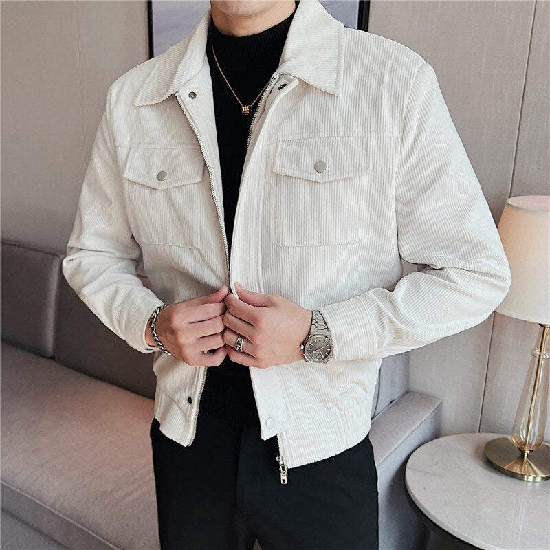 Autumn Winter Corduroy Jacket Men Lapel Short Bomber Jacket Fashion Business Casual Coat Social Streetwear Outwear Men Clothing