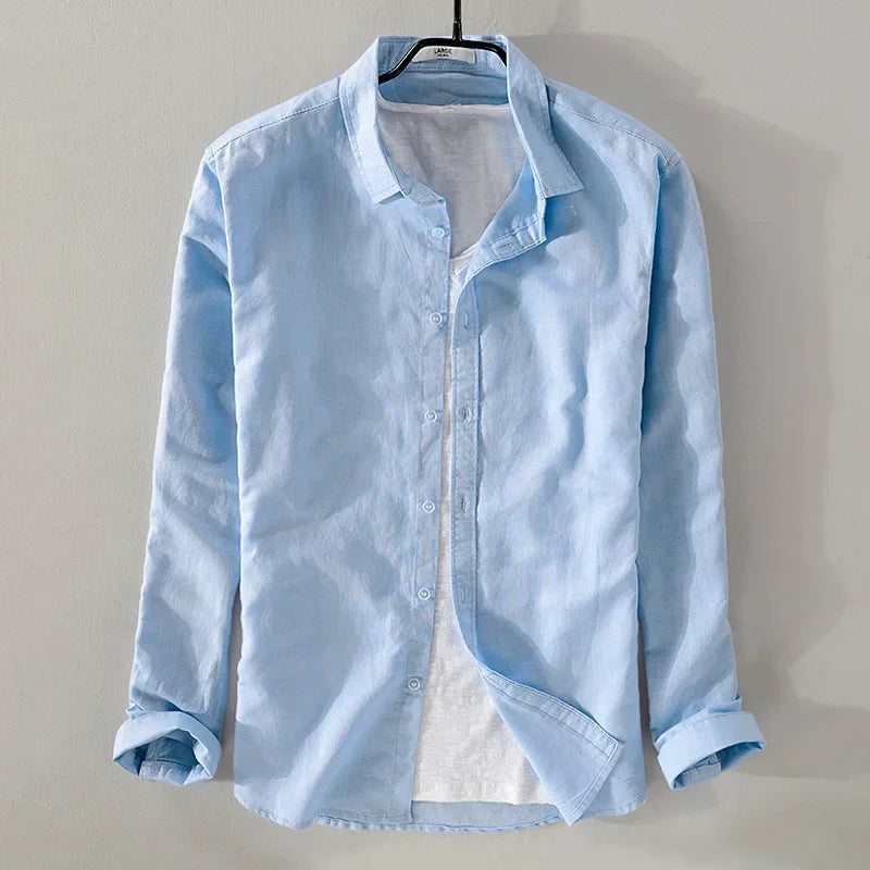 spring autumn new men's shirts fashion lapel casual long-sleeved cotton and linen shirts loose breathable linen shirts