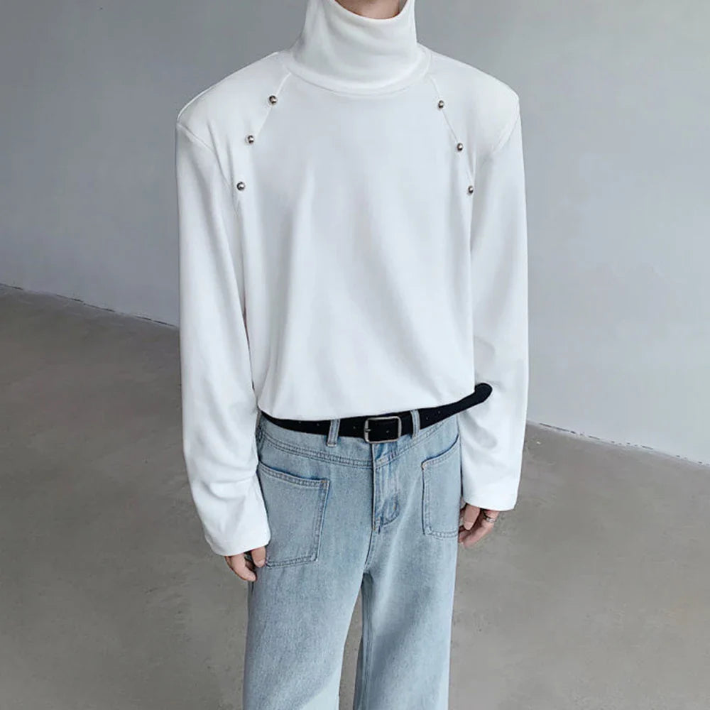 saferido Rivet High Collar White Y2k Long-Sleeved T-Shirt Mens Spring And Autumn Street Fashion Casual Inner Bottoming Shirt Pullover Top