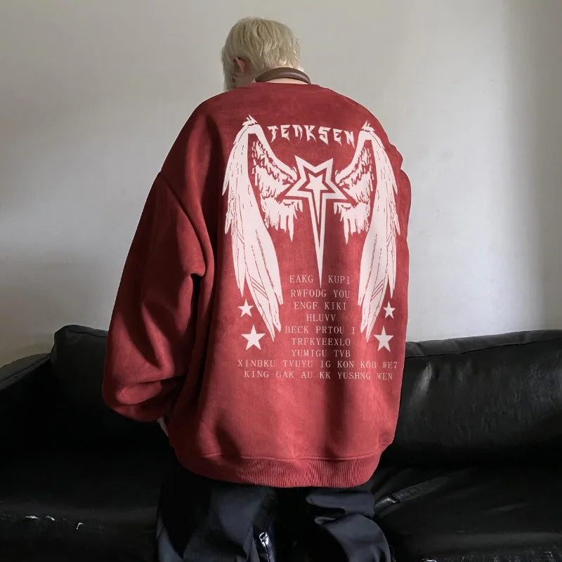 saferido High Street Men Sweatshirt Angel Wing Graphic Printed Gothic Style Pullover Sweatshirts Oversize Baggy Hip Hop Round Neck Hoodie