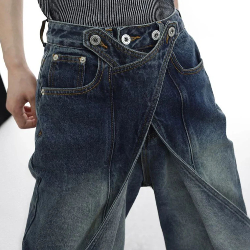 saferido Mens Autumn Winter American Street Niche Y2k Heavy-Duty Distressed Washed Jeans Irregular Variable Bell Pants Wide-Leg Pants