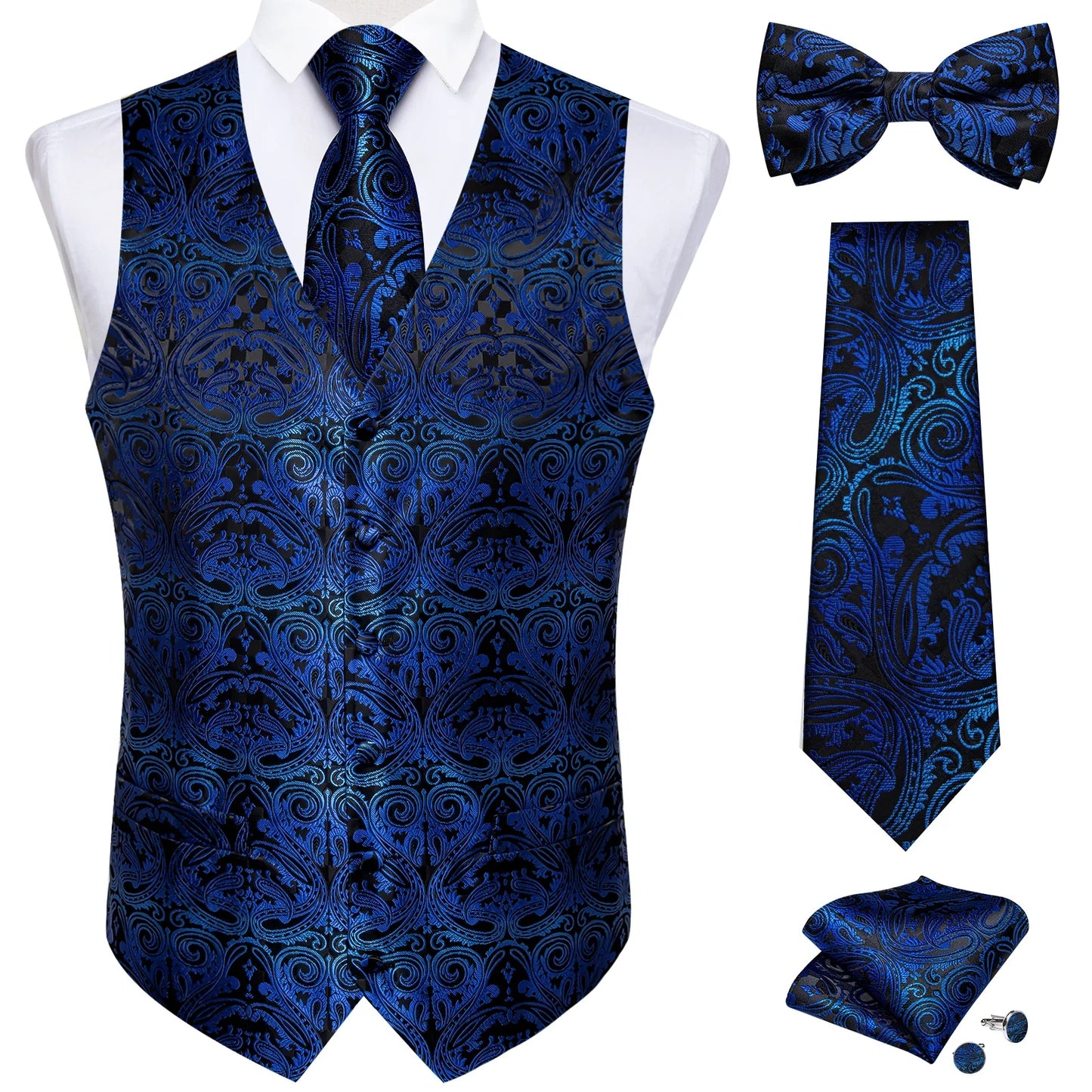 Men Black Paisley Vest Necktie Bowtie Pocket Square Cufflinks Dress Set Classic 5 PCS Business Waistcoat for Man