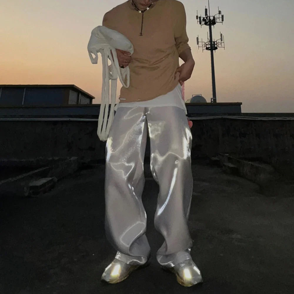 saferido Y2k Street Glossy Satin Trousers Men's Spring and Summer Loose Casual Pants Tide Brand Fashion Solid High Waist Wide Leg Pants
