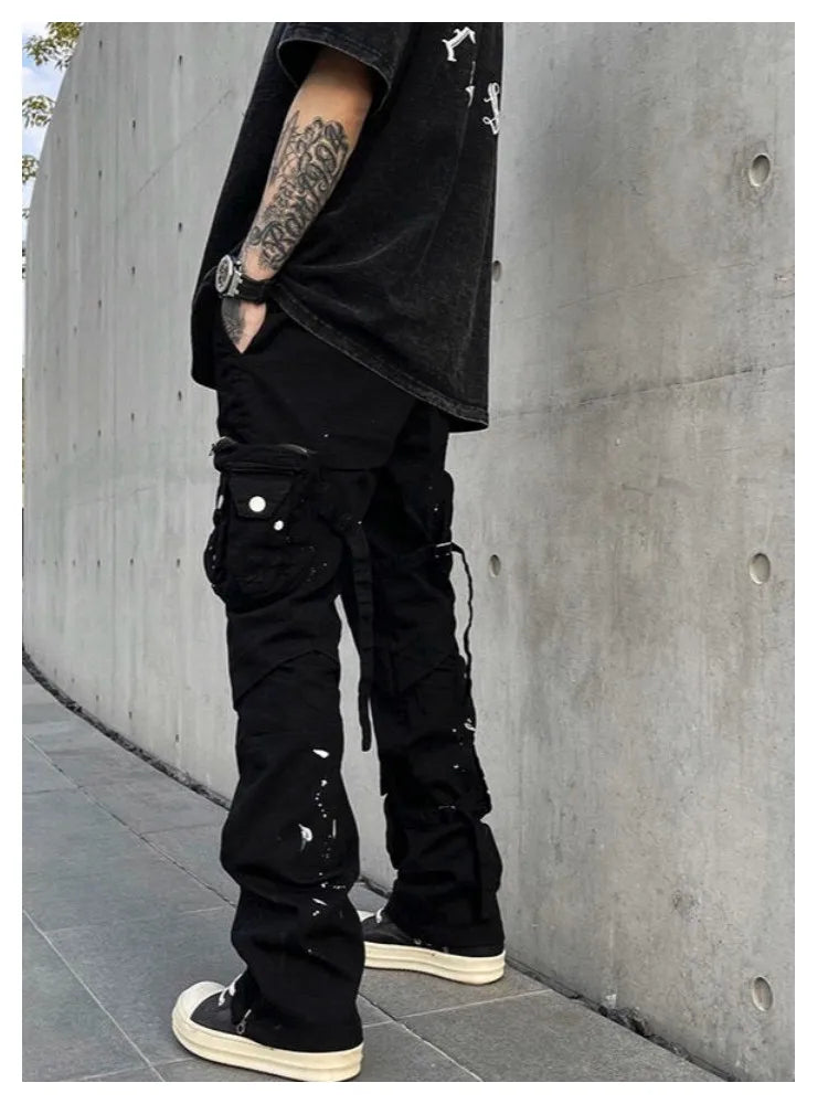saferido Street Strap Speckled Ink Pocket Stereoscopic Cut Micro Horn Workwear Pants Hip Hop High Street Punk y2k streetwear Stacked Casual Pants