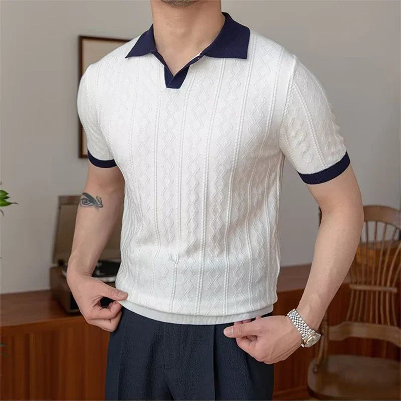 Summer Fashion Men Short Sleeve Slim Polo Shirt Vintage Patchwork Knitted Polos Men Clothing Male Casual V-Neck Lapel Pullover
