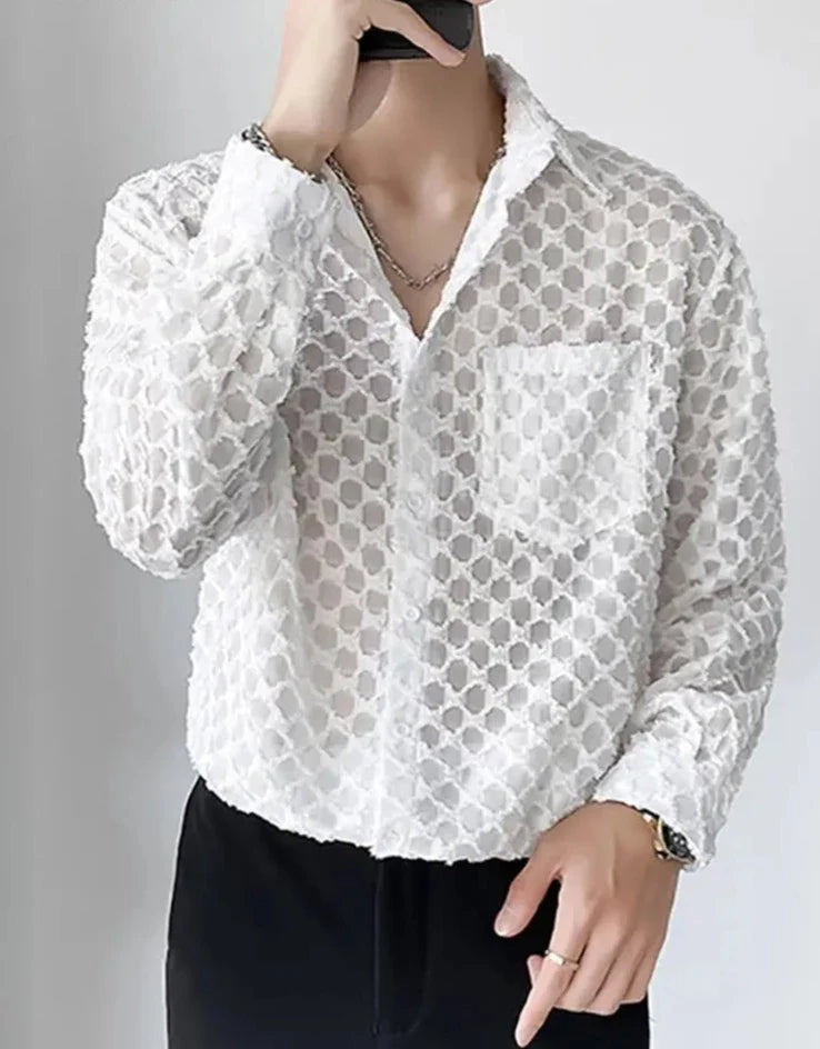 Handsome Well Fitting Men Blouse Vacation Hollow Out Stitching Male Breathable Mesh Long-sleeved Shirts S-5XL Tops