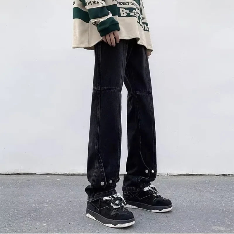 saferido Trendy Vintage Straight-leg Jeans Men's Fall/winter Style American Vibe Patchwork Pants Slim Fit Bootcut Bottoms For Men