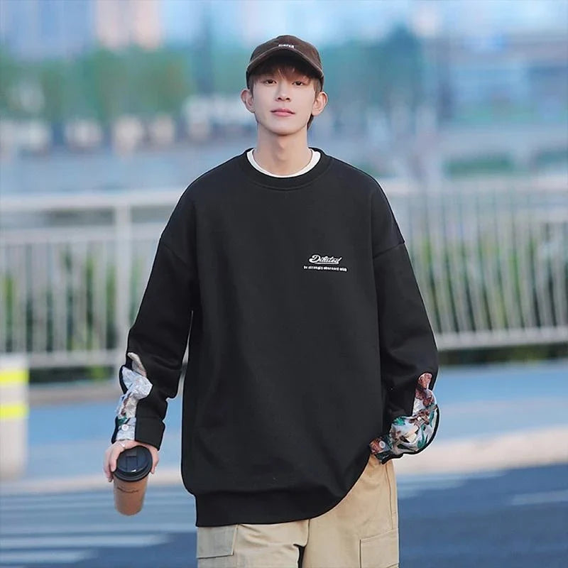 saferido Sweatshirt for Men Long Sleeve Pullover Autumn Vintage Embroidery Sweatshirt Korean Trend Tops Boyfriend Clothing Padded Thicker