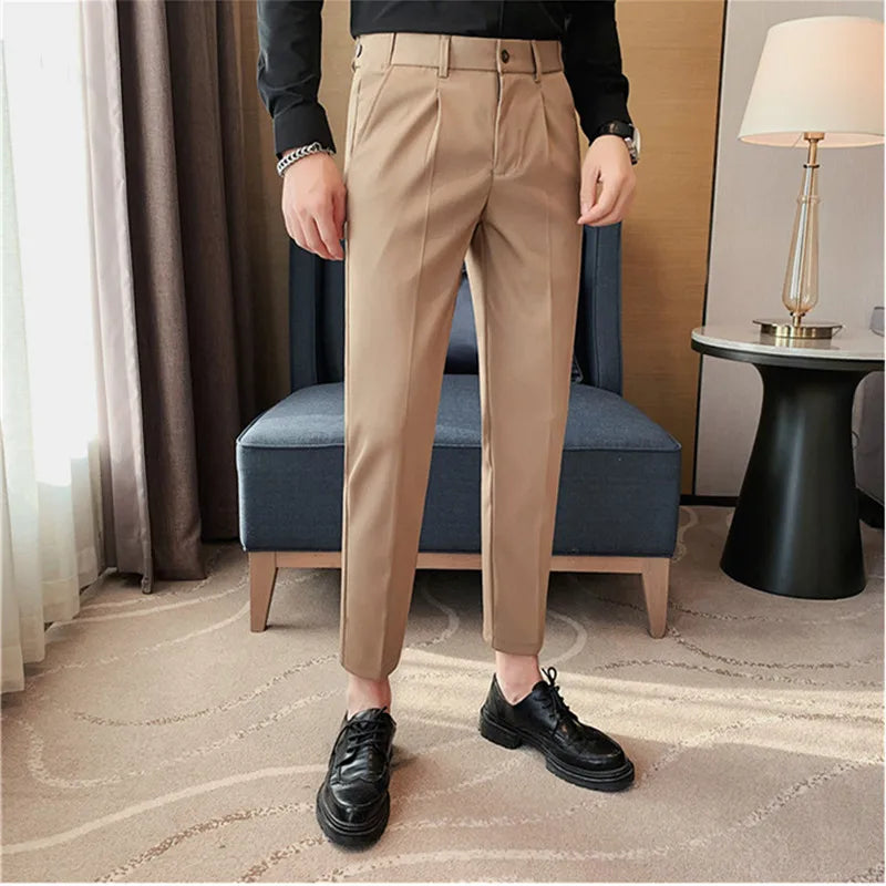saferido British Style Men High Waist Casual Business Dress Pants Streetwear New Fashion Social Belt Decoration Slim Fit Suit Pants