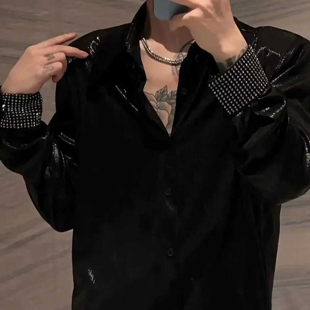 saferido Mens Nightclub Shiny Personalized Non-Diamond Shirt Autumn Winter Genderless Korean Style Fashion Versatile Long-Sleeve Shirt