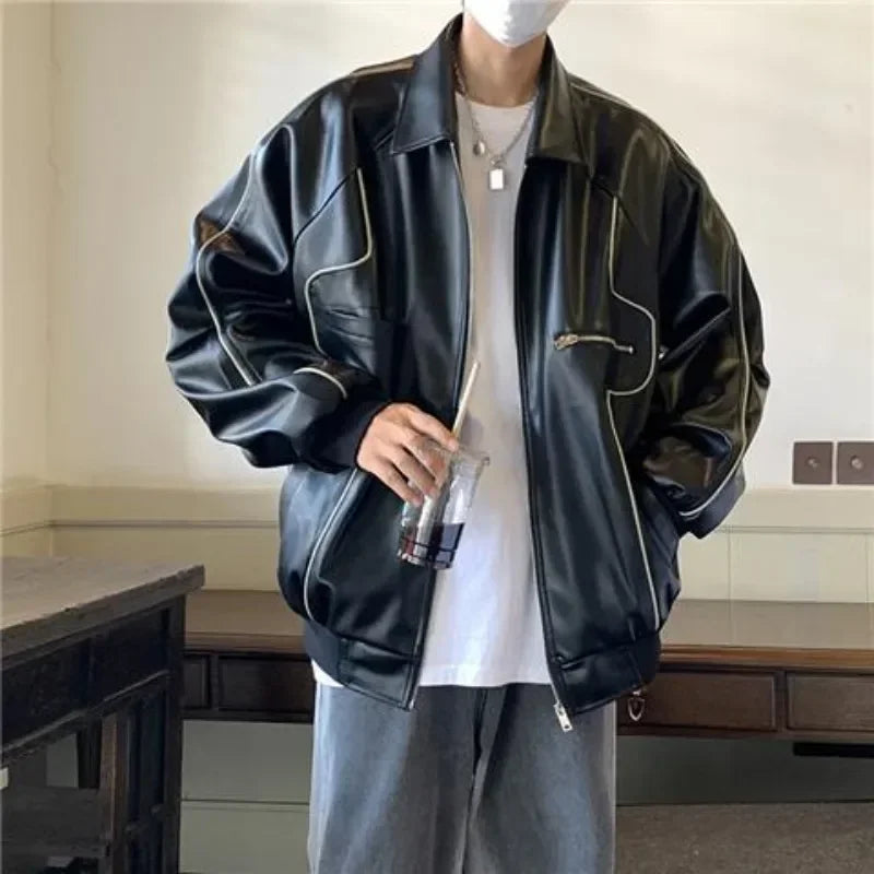 saferido American Vintage Up Leather Jacket Autumn New Street Trend Lapel Coat Men Hip Hop Harajuku Punk Casual Loose Motorcycle Jacket