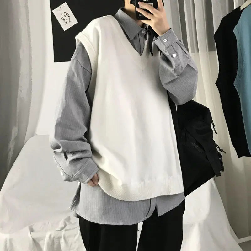 saferido Spring New Korean Fashion Men Pullover Oversized Sweater Vest Male Loose Casual Harajuku Waistcoat Knit Vest for Men