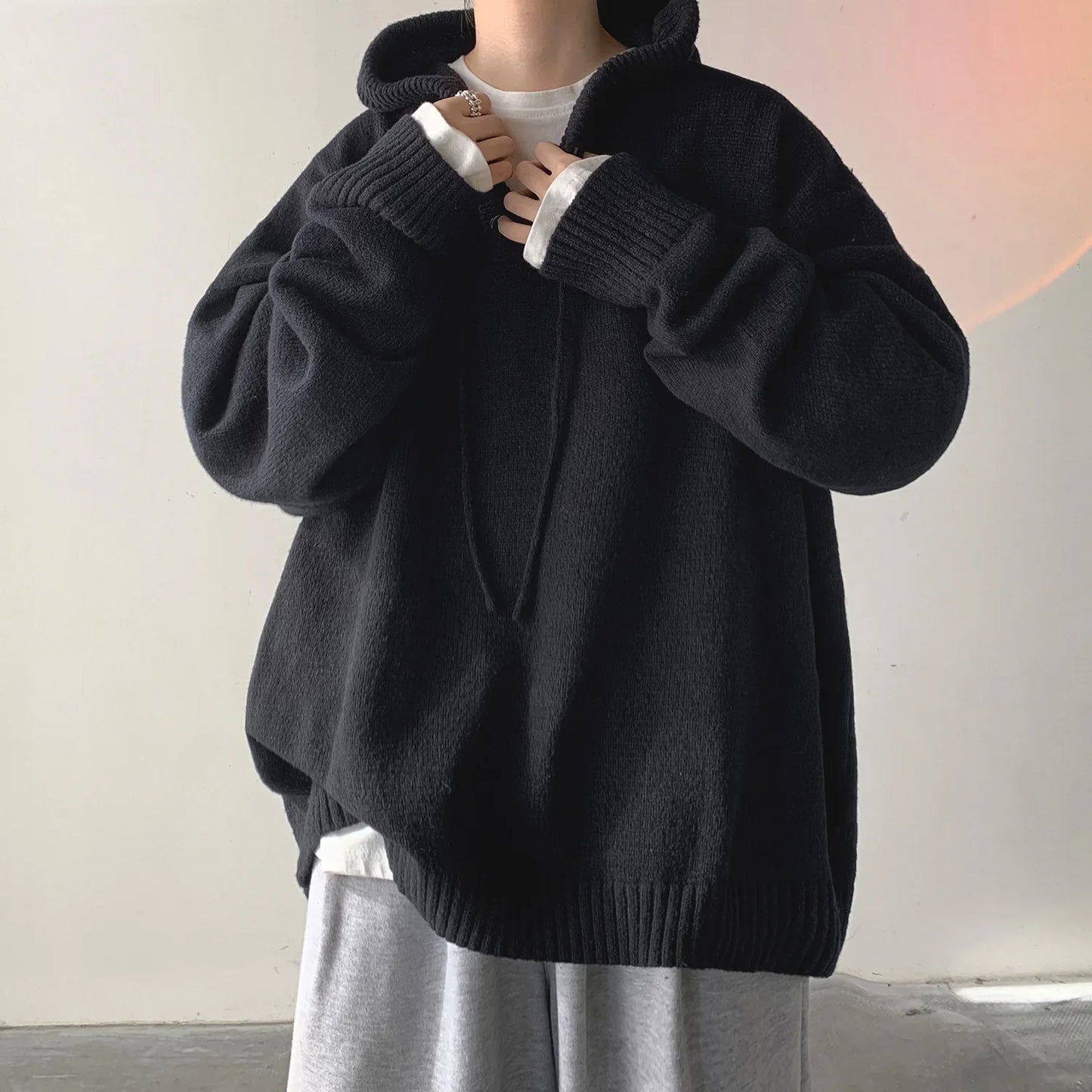 saferido Men Pullover Hoodie Korean Style Classic Solid Color Casual Hoodies Oversized Loose Hooded Knitwear Mens Knitted Pullovers