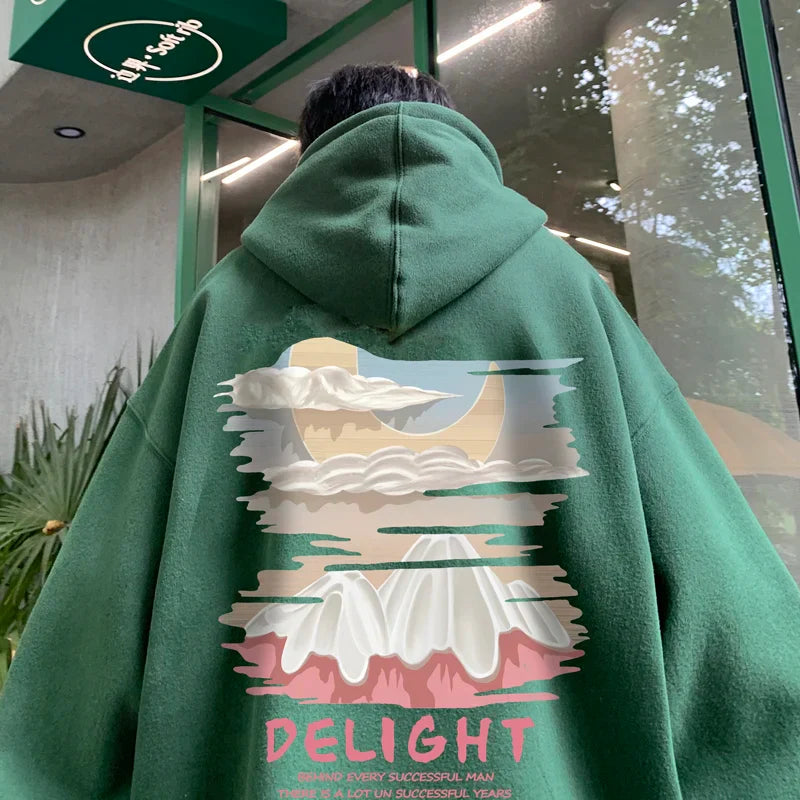 saferido Autumn New Men's Fashion Oversized Print Hooded Sweatshirt Trend Hip Hop American Retro Long Sleeve Sweatshirt