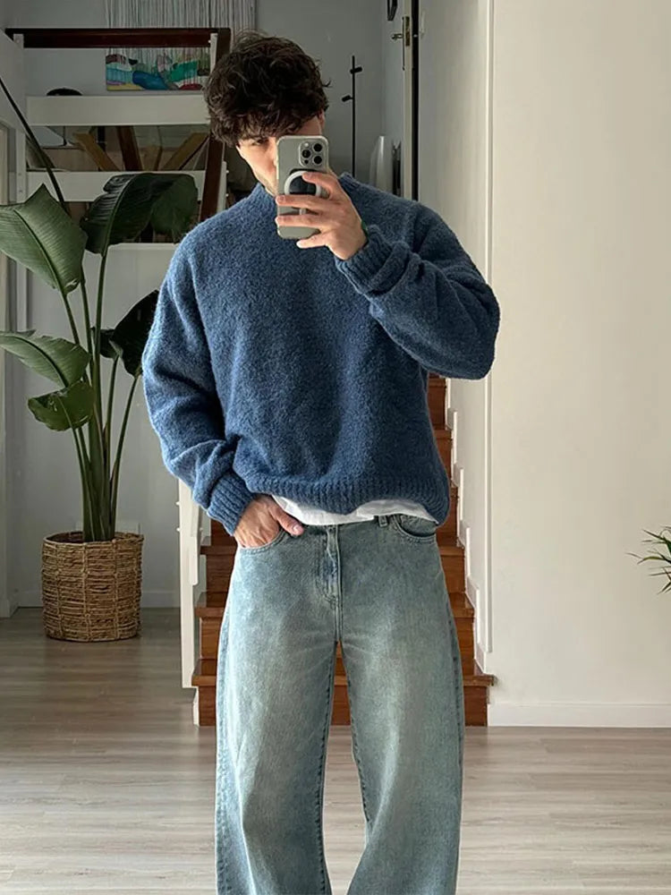 saferido Fashion Bottoming Knitted Sweater Men's Autumn Casual Round Neck Solid Color Tops Korean Style Simple Versatile Loose Pullover