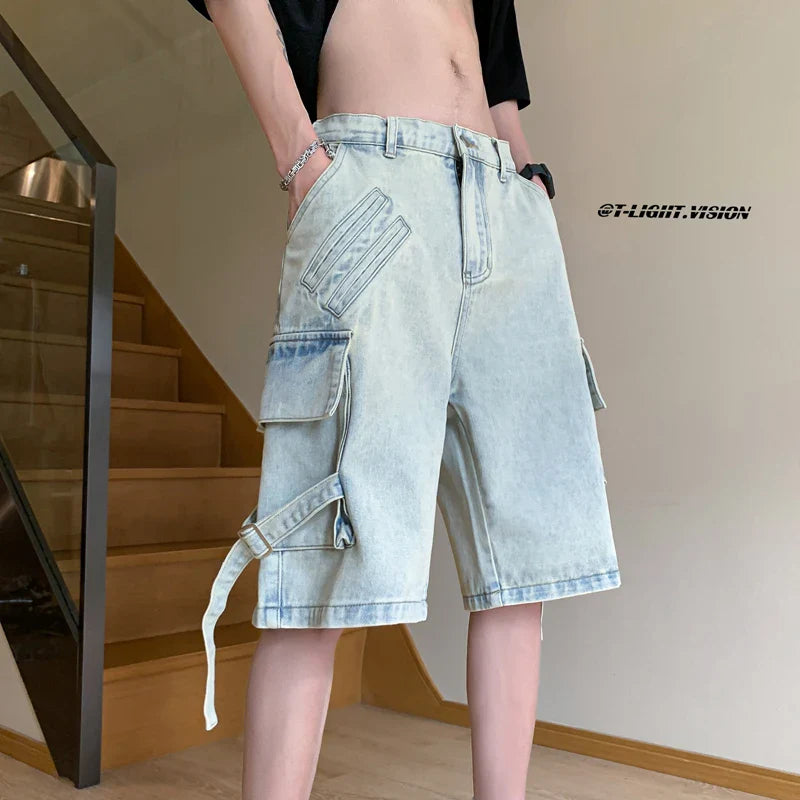 saferido American Retro Tooling Denim Shorts Summer Fashion Design Big Pocket Splicing Wide-leg Cropped Pants Large Size Shorts 4XL 5XL