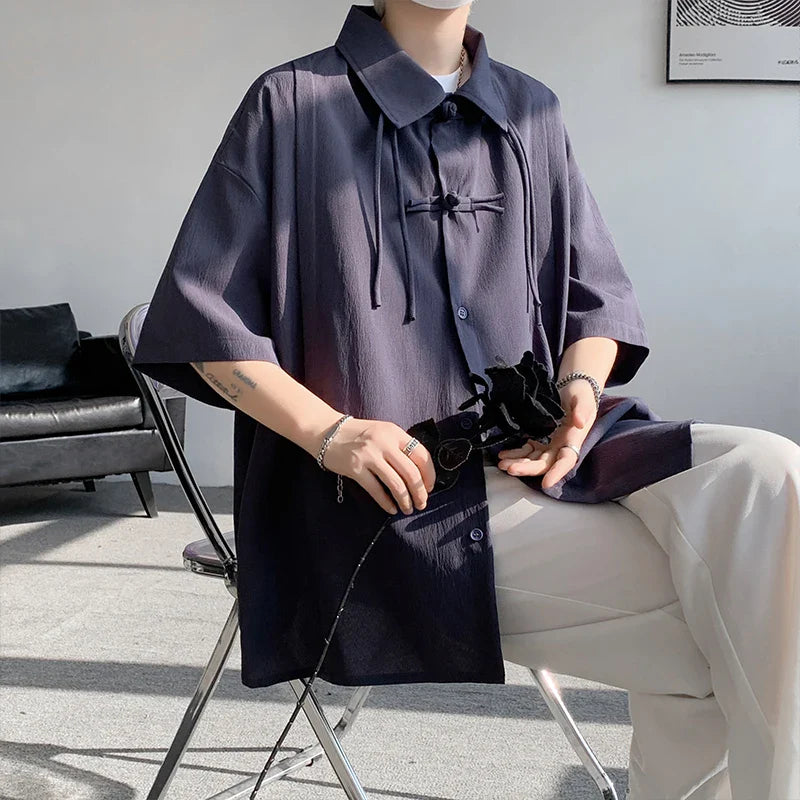 saferido Men's Casual Blouse Long Sleeve Tee Shirt Y2K Vintage Oversized Blouses Chinese Style Baggy Button Up Shirt