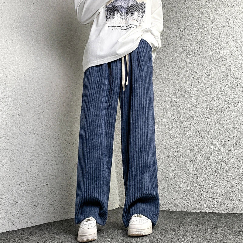 saferido Corduroy Pants Men's Straight Pants Solid Color Drawstring Unisex Wide Leg Oversized Trousers Casual Japanese Style Male Pants