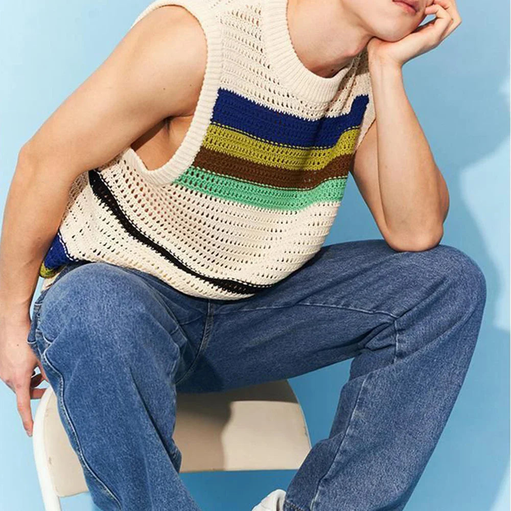 saferido Spring New Hollow Stripe Knitwear Sweater Vest 2024 Contrast Color O Neck Casual Tank Tops Korean Fashion Male Sleeveless Tees