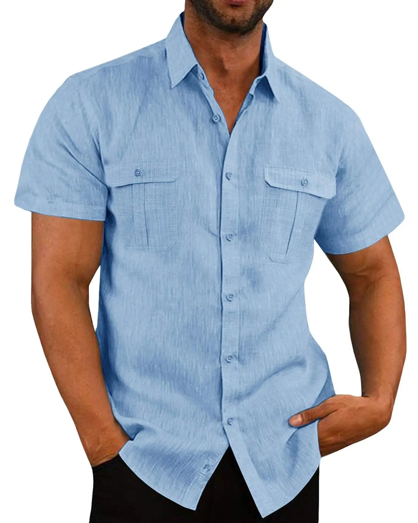 Men Short-Sleeved Shirts Summer Solid Color Stand-Up Collar Casual Beach Style Plus SizeMale Cotton Linen Shirts M-5XL