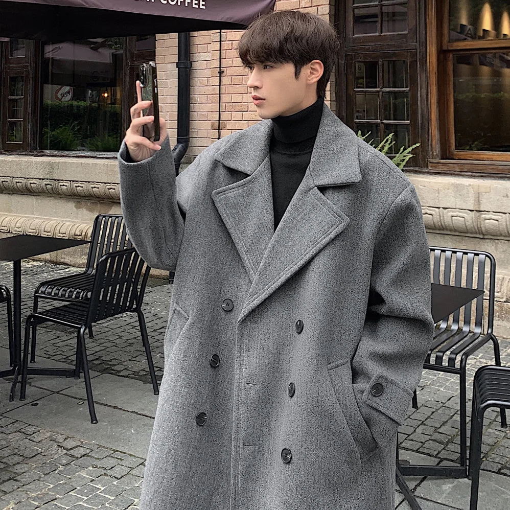 saferido Winter High Quality Woolen Trench Coats Men Korean Style Luxury Male Casual Trenchcoat Men's Streetwear Gray/Khaki/Black