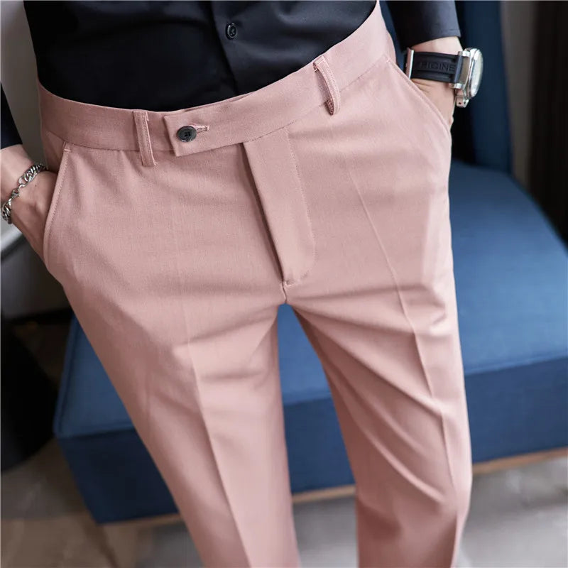 saferido Men Spring Autumn High Quality Casual Suit Trousers/Male Fashion Slim Fit Pink Business Suit Pants/Man Stretch Dress Pants 28-38