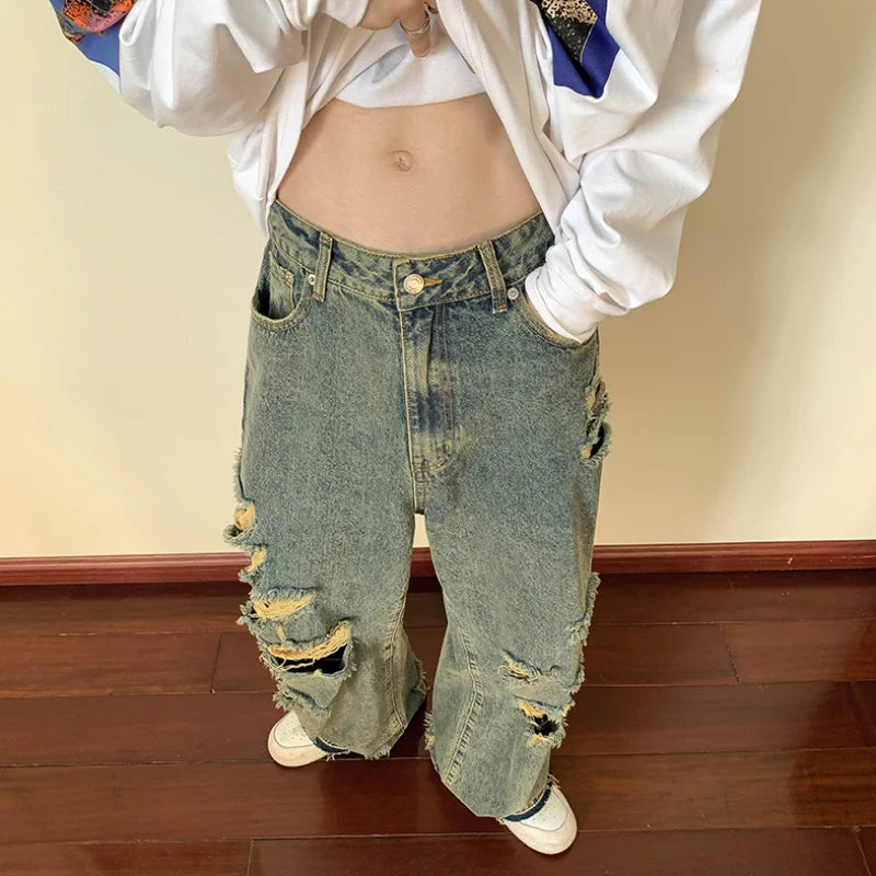 saferido Men's Torn Jeans American Street Hip-hop Baggy Pants Spring and Autumn Thin Women's Hip-hop Baggy Pants Y2k Hombre